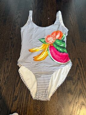Onia Gray Gingham One-Piece with Bright Fruit Motif